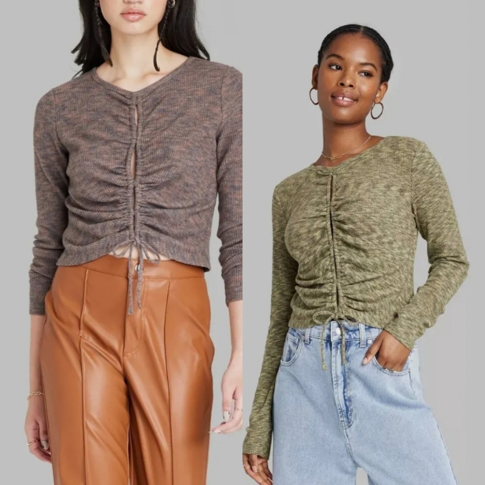 Wild Fable Long Sleeve Lace-up Cozy Knit Blouse Brown Green Size Medium 8-10 New